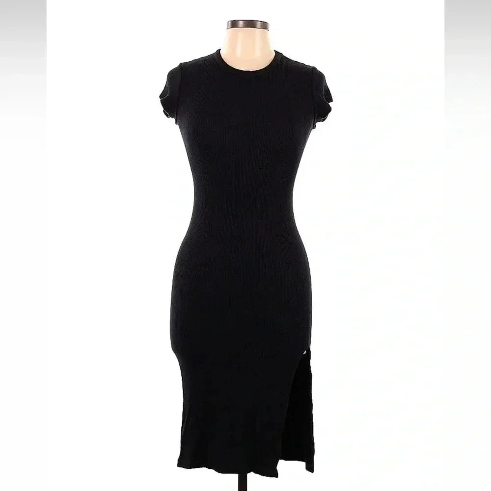 MONROW Women's Black Super-soft Rib Cap Sleeve Midi Dress Size M Medium - Picture 4 of 8